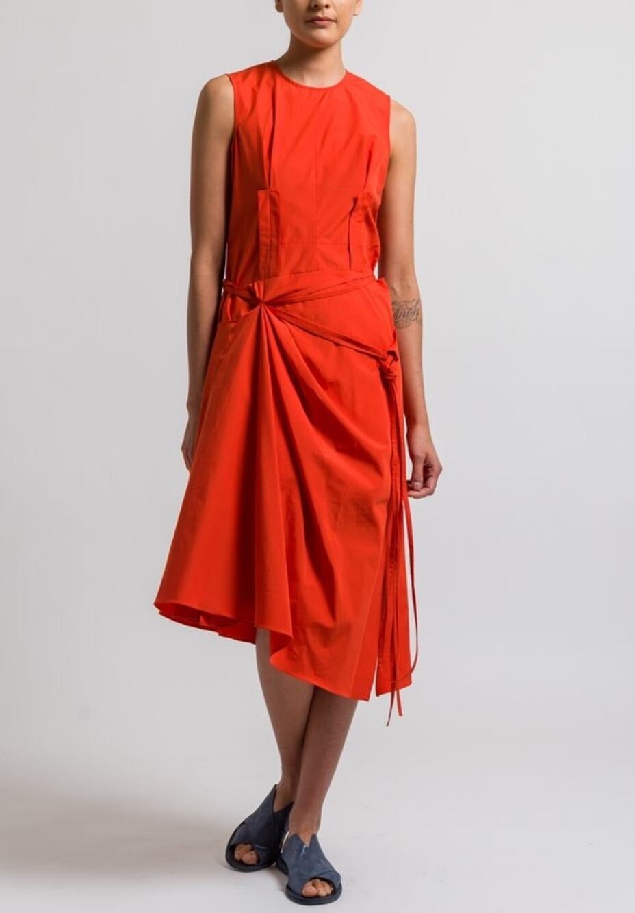 Marni SS19 Poppy Red Cotton Poplin Draped Tie Midi Dress Italy IT 40